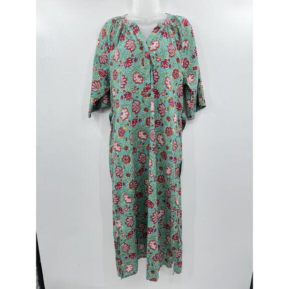 Maisie Tie Waist Midi Dress in Ethnic Floral Sz L Green Pink Boho Beachy Cotton - Picture 2 of 16